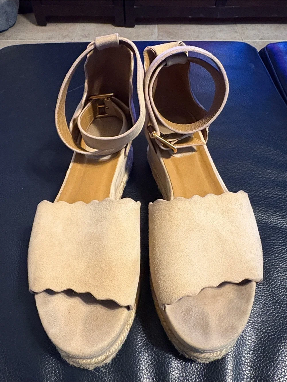 Chloe Beige Suede Scalloped Trim Lauren Ankle Wrap Flatform Espadrille Sandals